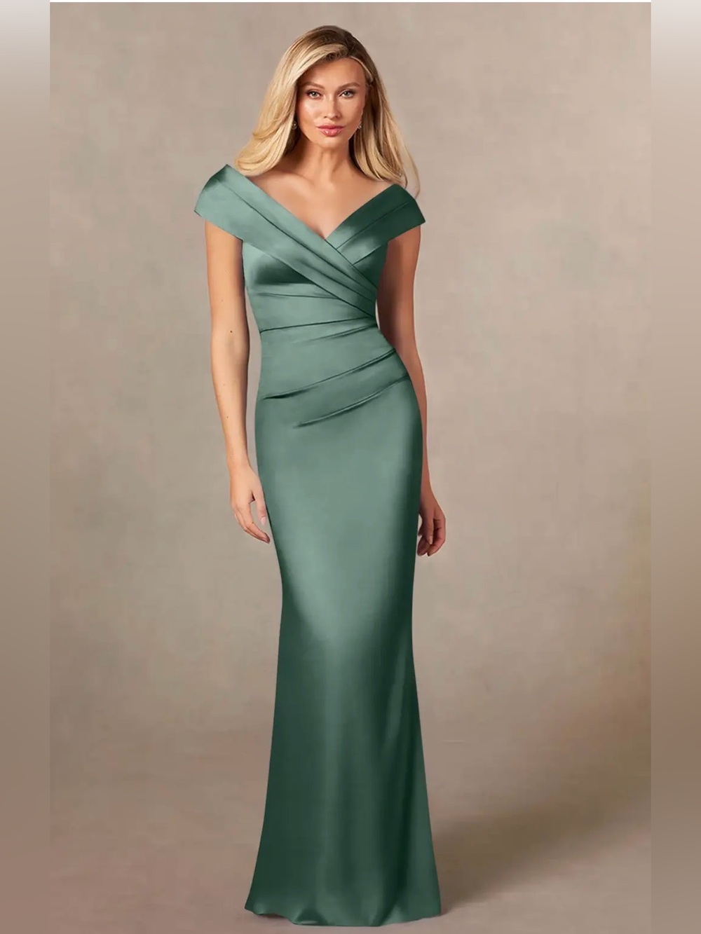 Azazie Elegant Off-Shoulder Satin Evening Dress in Sage Green Sz 10